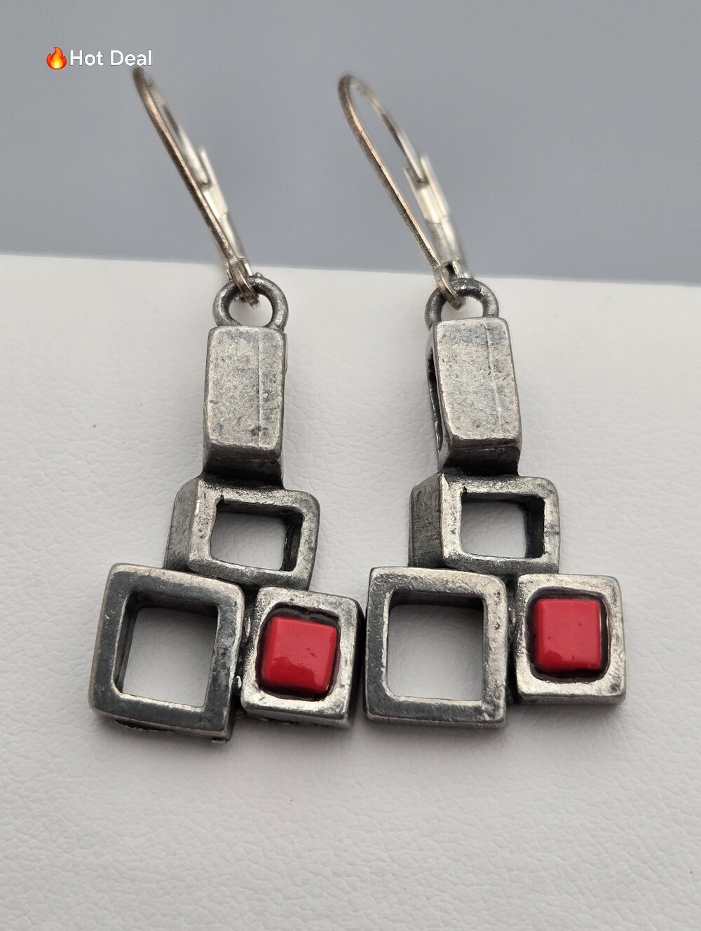 Sonia Ferland Bijoux Osmose Modernist Pewter Red Glass Geometric Earrings